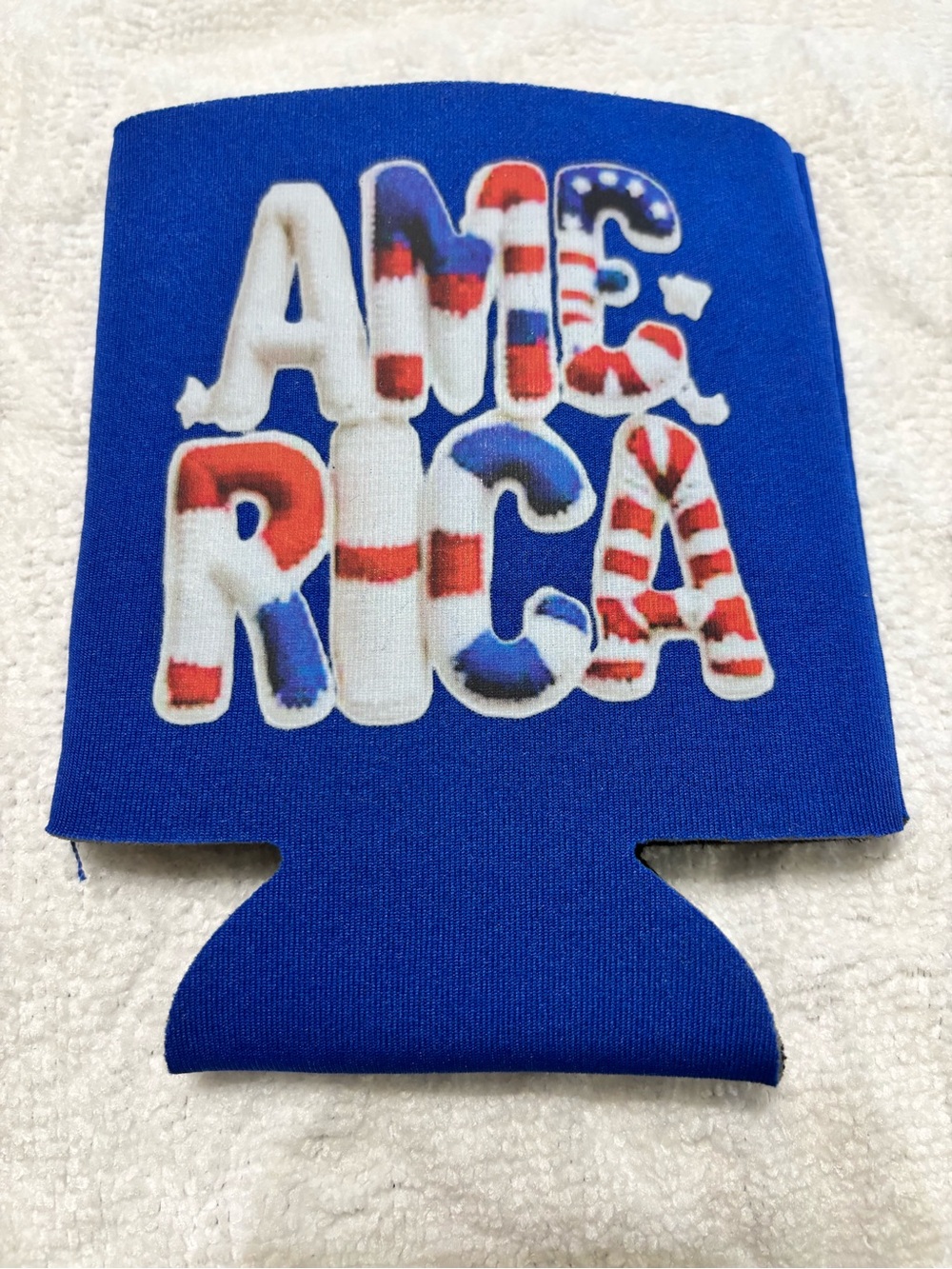 NEW Blue 'America' Can Koozie with Flag Lettering